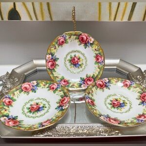 Royal Paragon “Tapestry Rose” H.M. The Queen H.M Queen Mary Three Saucers